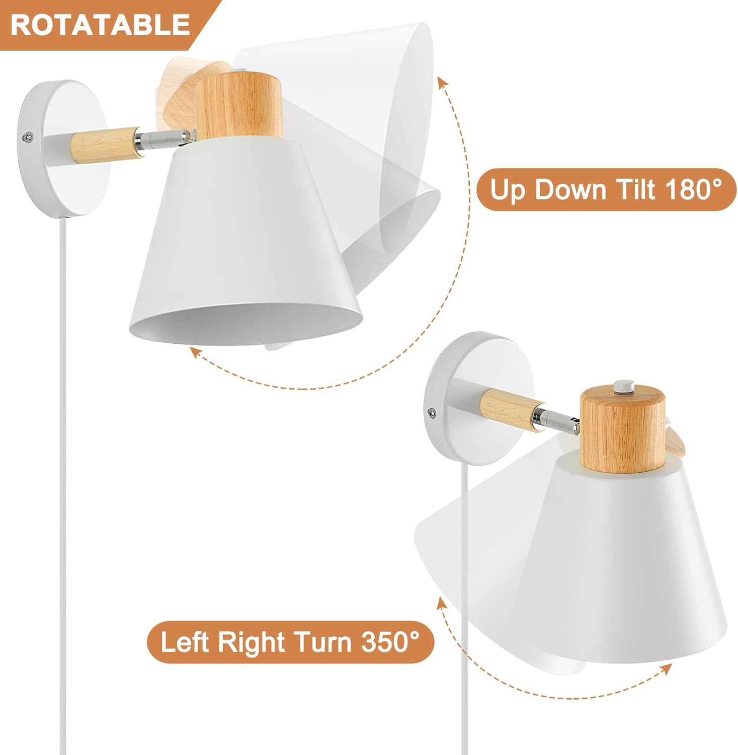 Wall-mounted light fixture with white shade and wooden accent, showing rotation and tilt features.