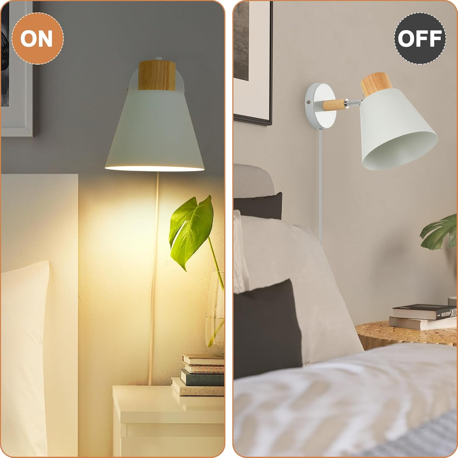 Wall-mounted lamp with 'ON' and 'OFF' labels in a bedroom setting.