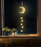 Hanging Moon & Star Fairy Lights, Battery Operated Indoor Decorative Lights with Timer for Bedroom, Window & Ramadan Décor