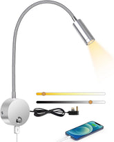 Flexible reading lamp with adjustable arm, power adapter, and smartphone charging cable on a white background