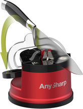 AnySharp Pro Metal Knife Sharpener – Hands-Free PowerGrip Suction | Sharpens All Knives | Hardened Steel & Serrated | Deep Red Finish