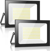Two LED flood lights with a reflective surface on a white background