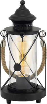EGLO Bradford Vintage Table Lamp – Black Lantern Light with Clear Glass, E27 Socket & In-Line Switch for Bedroom, Living Room & Hallway