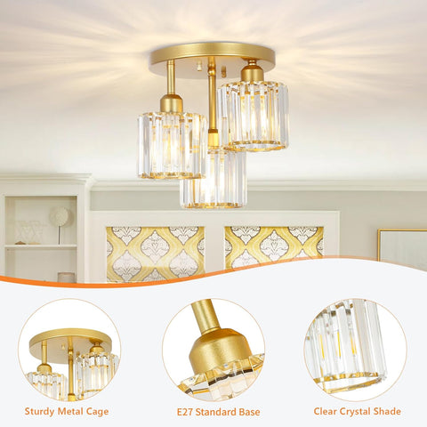 3-Light Modern Semi Flush Gold Crystal Chandeliers 3-Light Modern Semi Flush Gold Crystal Chandeliers