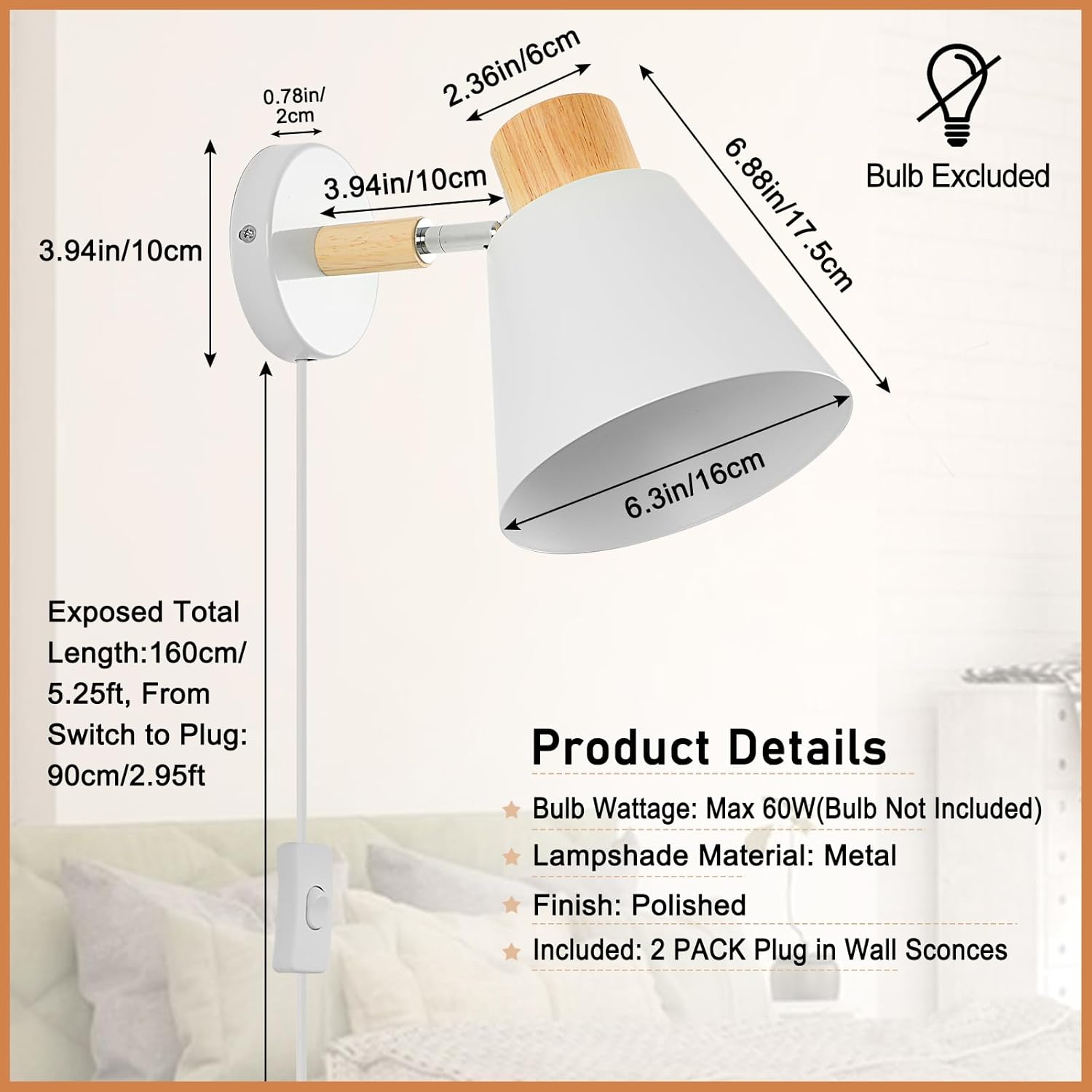 Wall sconce with dimensions and product details on a light background