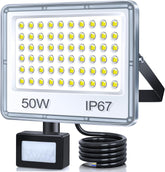 LED flood light with 50W rating and IP67 rating on a white background