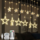 Jsdoin Christmas LED Star Curtain Lights – 12 Stars 138 Warm White String Lights with Remote Control