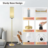 Floor lamp with installation instructions and a dog interacting with it.