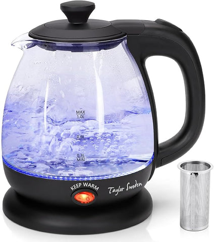 Small Electric Glass Kettle with Tea Infuser, 2200W 1L Keep Warm Cordless Water Boiler – Black – Abel 30A59 Small Electric Glass Kettle with Tea Infuser, 2200W 1L Keep Warm Cordless Water Boiler – Black – Abel 30A59