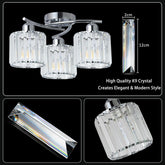 Crystal ceiling light fixture with close-up details and dimensions on a black background