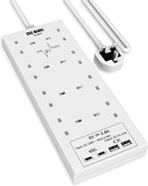 8 Way Extension Lead with 4 USB Ports (2 USB-C + 2 USB-A), 2m Cable & 1200J Surge Protection, 2990W White Power Strip – Bring Order to Your Busy Charging Corner