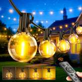 String lights with round bulbs and remote control in outdoor setting