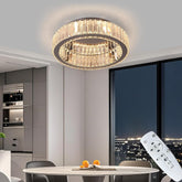 Modern chandelier in a kitchen with a cityscape view