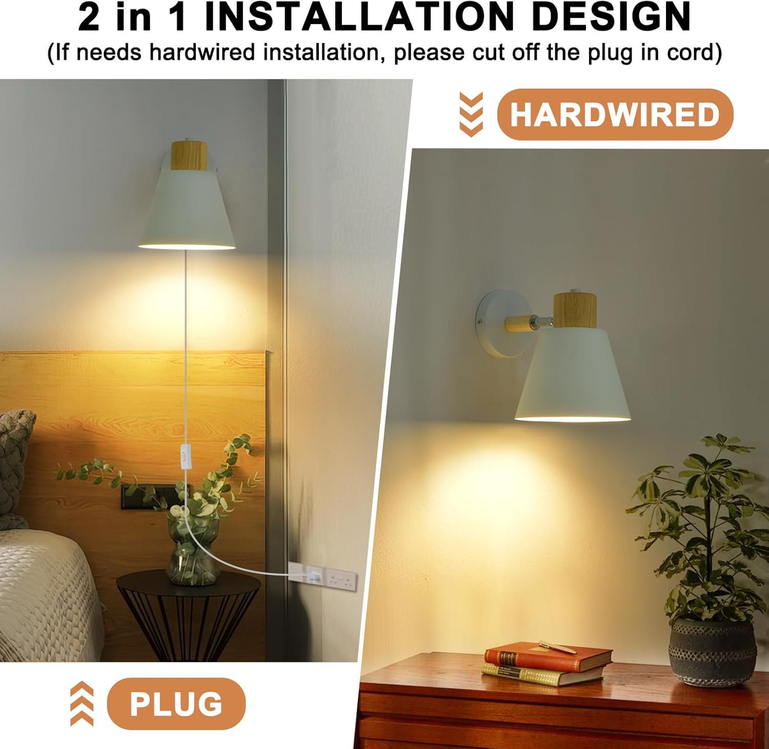 Two wall-mounted lamps, one hardwired and one plug-in, in a bedroom setting.