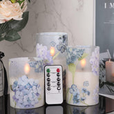 Hydrangea Frosted Glass LED Flameless Candles Set, Flickering Battery Operated Pillar Candles with Remote & Timer