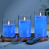 Blue Glass Flameless LED Pillar Candles with Real Wax Center, Flickering Light, Remote Control & Timer