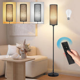 Floor lamp with remote control in a living room setting