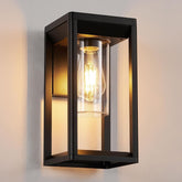 Modern outdoor wall light fixture with clear glass cover on a neutral background