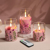 Pink Floral Glass Flameless Candles with Remote & Timer, Flickering Battery Operated LED Pillar Candles Set of 3