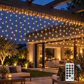 6M Solar Icicle Lights 300 LED Warm White – Outdoor Christmas Curtain Lights with Remote, 8 Modes & Timer - Turn Dark Evenings Into a Festive Glow