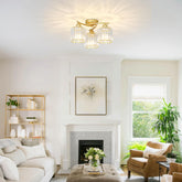 Gold Ceiling Lights for Living Room, 3-Light Modern Crystal Chandelier Ceiling Lamp with Glass Lampshade