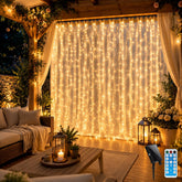 2m x 2m Solar Curtain Lights 204 LED Warm White Waterproof Outdoor Fairy Lights with Remote & 8 Modes – Make Your Garden Glow After Dark