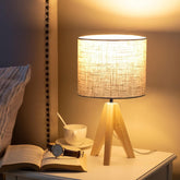 EDISHINE 36cm Wooden Bedside Table Lamp with Beige Linen Lampshade – Tripod Desk Lamp with E27 Base, On-Off Switch & 4W LED Bulb for Bedroom, Living Room, Study & Office