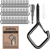 Heavy Duty Screw In Hooks with Safety Buckle, 2.2 IN Black Ceiling Hooks for Hanging Plants & Outdoor String Lights, Windproof Eye Hooks for Christmas Lights, Cups & Bird Feeders – 34 Pack