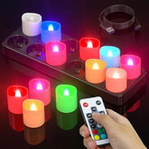 Rechargeable RGB Tea Lights, 12-Pack Flameless LED Candles with Remote, Timer & Charging Station for Home & Party Décor