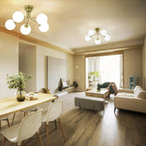 Modern Gold Chandeliers Ceiling Light, 5-Way White Globe Glass Shade with G9 Base, Semi Flush Mount Pendant Light for Living Room