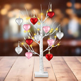 24 Inch Lighted Valentine Heart Tree, Pre-Lit Birch Style Table Décor with Heart Ornaments