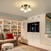 Living room with bookshelves, sofa, ottoman, and television.