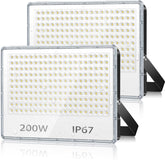 Two LED flood lights with '200W' and 'IP67' labels on a white background