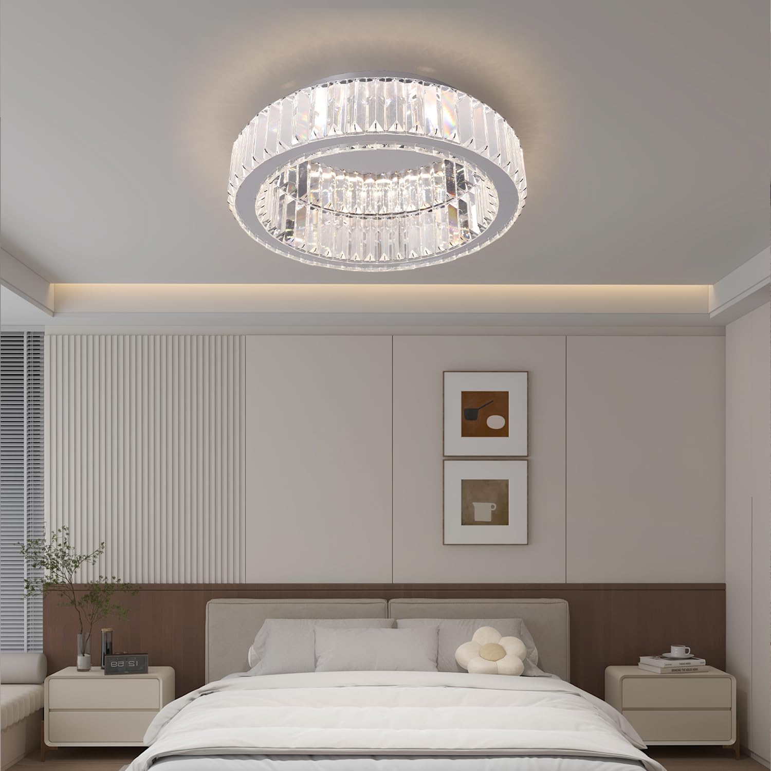Modern bedroom with a crystal chandelier