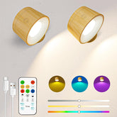 Two wooden lampshades with a remote control and color options on a light gray background