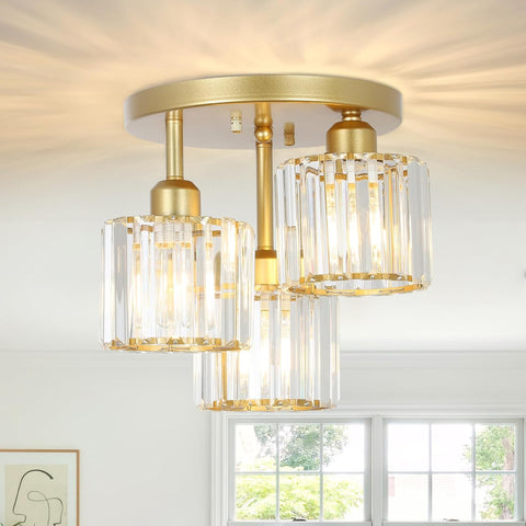 3-Light Modern Semi Flush Gold Crystal Chandeliers 3-Light Modern Semi Flush Gold Crystal Chandeliers