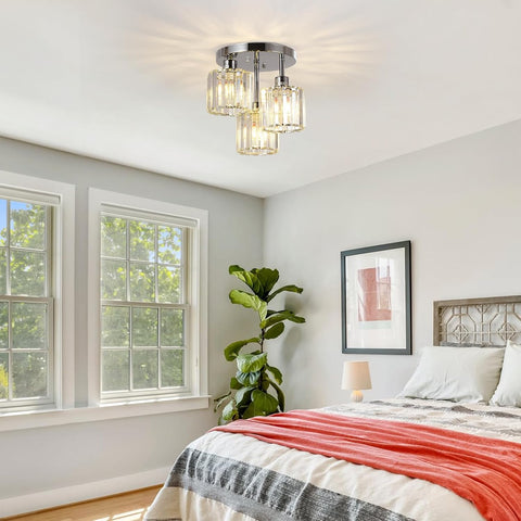 3-Light Modern Semi Flush White Crystal Chandeliers 3-Light Modern Semi Flush White Crystal Chandeliers