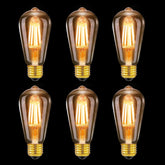 Six vintage-style light bulbs on a black background