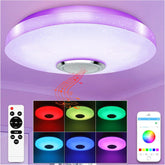 Ceiling light fixture with RGB color changing options and remote control on a purple background