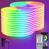 Two rolls of colorful LED strip lights with a smartphone app and power adapter on a purple background.