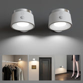 Two motion sensor lights on a gray wall with application scenarios shown below.