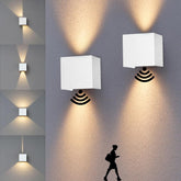 Modern wall-mounted light fixture with sensor on a gray wall, showing light direction.