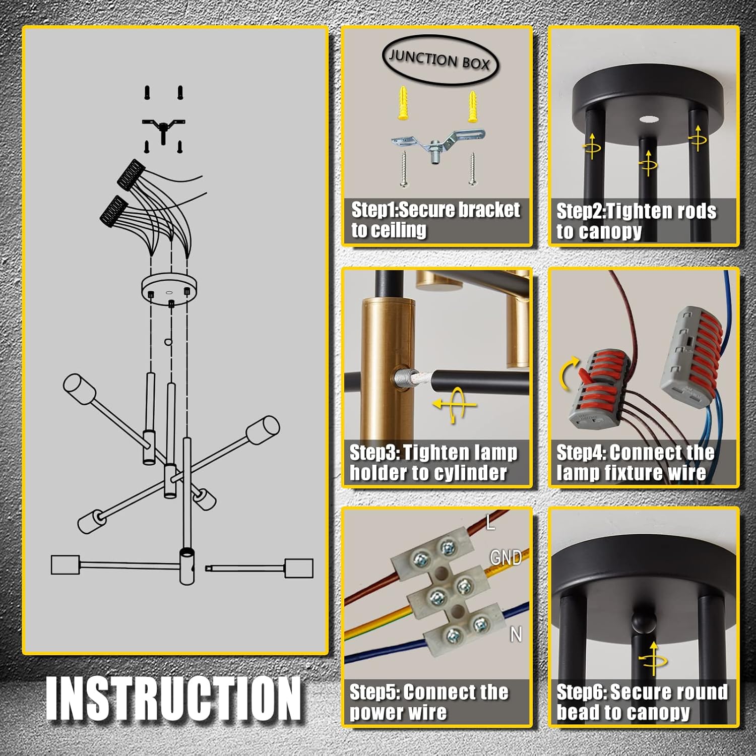 Step-by-step installation instructions for a ceiling light fixture on a gray background.
