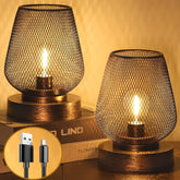 Two mesh-patterned table lamps with USB cable on a wooden surface.