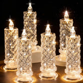 Crystal LED Flameless Candles Set of 6, Diamond-Cut Decorative Glass Candle Holders with Flickering Light for Wedding, Christmas & Holiday Table Décor