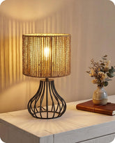 GOEBELSON Bedside Table Lamp – Black Metal Table Lamp with Hand-Woven Paper Rattan Shade, 4W 2700K LED Bulb Included, E27 Bedroom & Desk Lamp