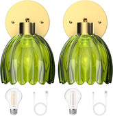 Vintage Rechargeable Wall Lights with Green Tulip Glass Shade, Dimmable, Wireless
