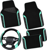 CAR PASS Leather Steering Wheel Cover and Waterproof Car Floor Mats Combo