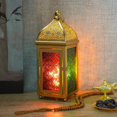 Vintage Ramadan Table Lantern LED Light, Battery Operated Metal Oriental Hanging Lamp for Indoor Outdoor Home & Party Decor