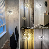 Collage of a decorative floor lamp in various settings with labeled light types.